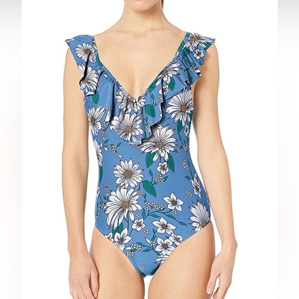 Jessica Simpson Women’s standard one piece ruffled shoulder swimsuit